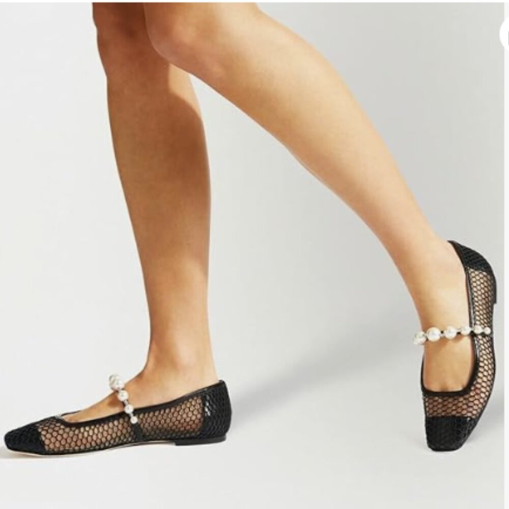 Women's Black Mesh Pearl-Strap Flats
